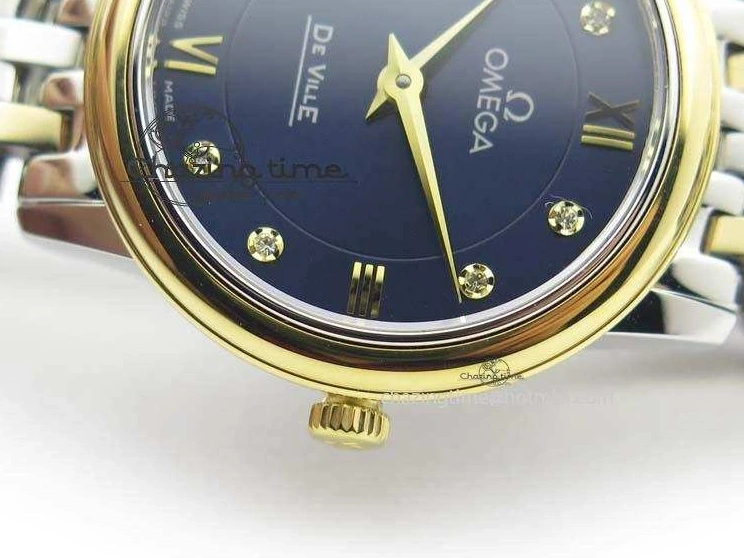0124 HighQuality De Ville 27mm SS YG Ladies MK 1:1 Best Edition Blue Dial Diamond Markers On SS Bracelet Ronda Quartz 8186